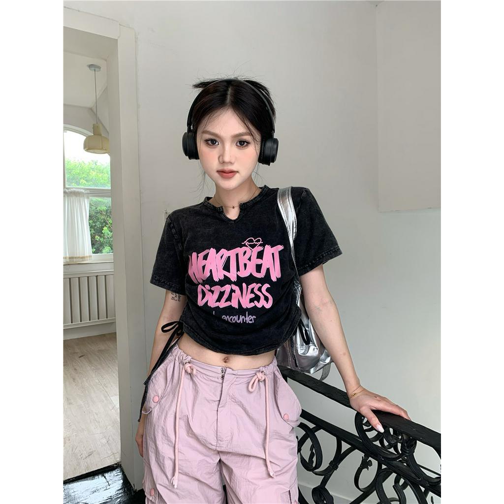 64189 Áo Thun Dây Rút Ngắn Phong Cách Đau Khổ