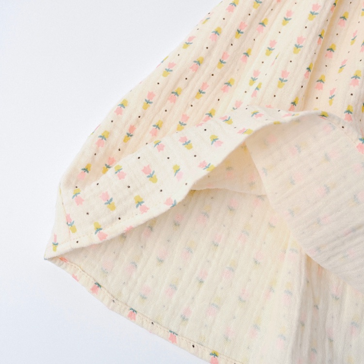 Váy Bé Gái Carrot Đầm Xòe Tay Lỡ Cổ Sen, Họa Tiết Hoa Tulip Nhí, Chất Xô Muslin Mềm, Thoáng Mát