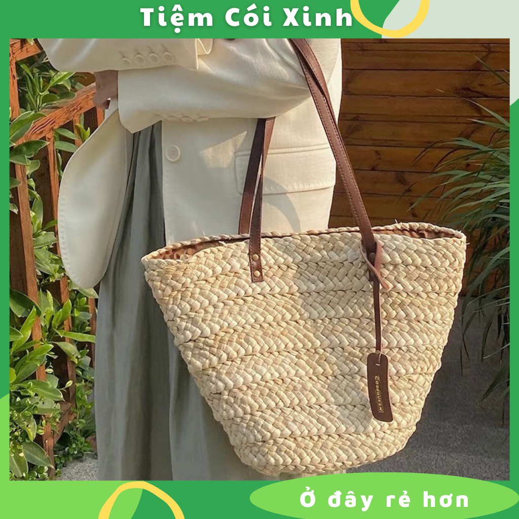 Túi Xách Cói Tote Đeo Vai Cỡ Lớn Hình Thang Vintage Dây Da