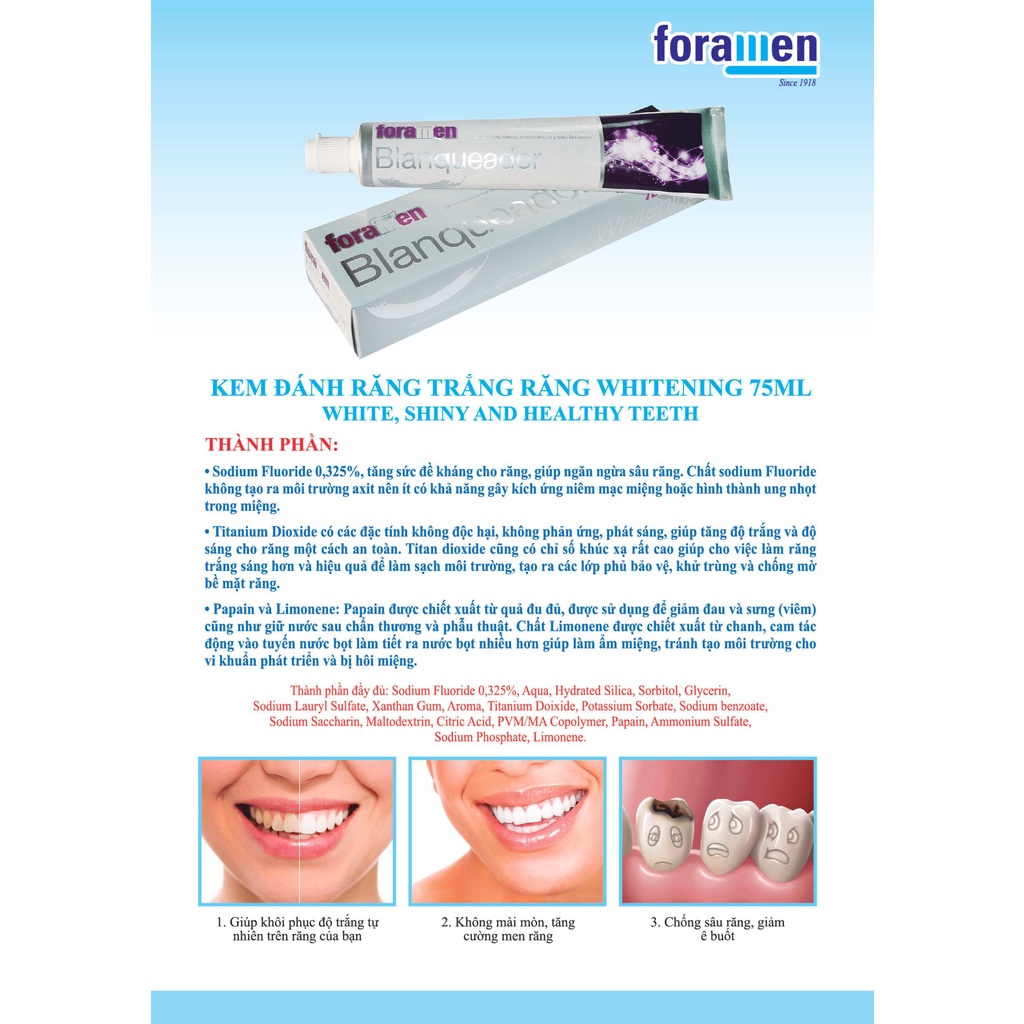 Kem đánh răng ngừa sâu răng, giúp răng trắng sáng tự nhiên, bảo vệ men răng Foramen Whitening 90g/ Tây Ban Nha