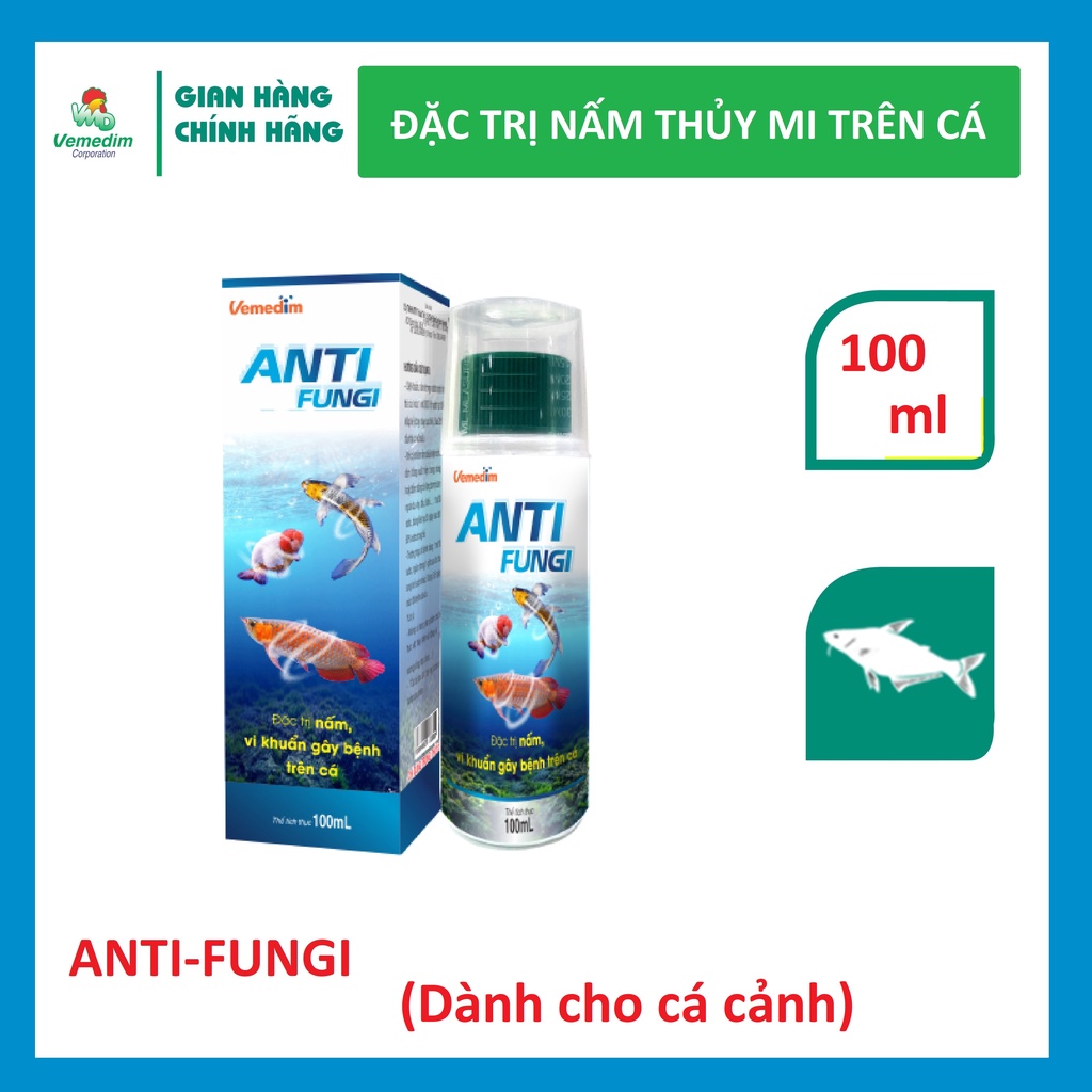 Vemedim Anti-fungi dùng cho cá cảnh bị nấm, nấm môi trường nước nuôi cá, nhiểm khuẩn mang, thối đuôi, chai 100ml