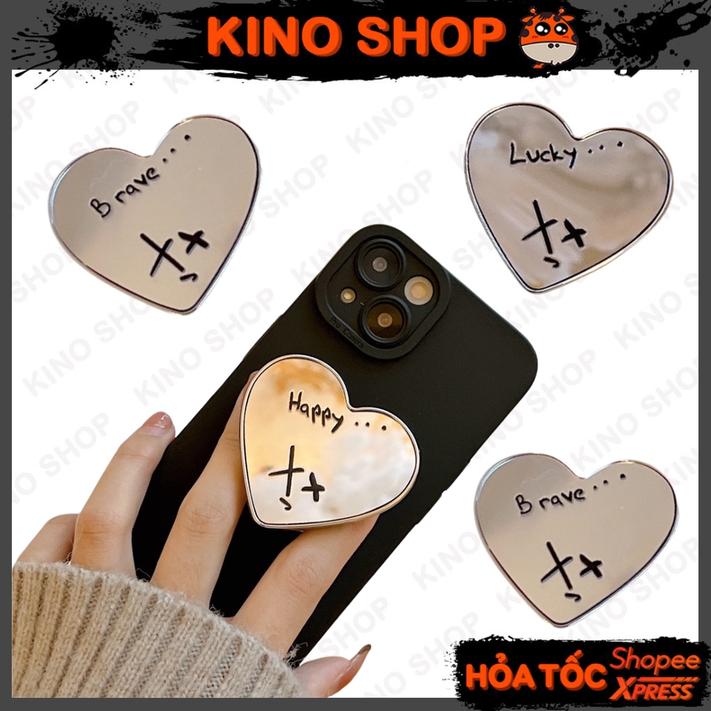 Giá đỡ điện thoại popsocket gương hình trái tim size lớn Happy Fating Brave Lucky