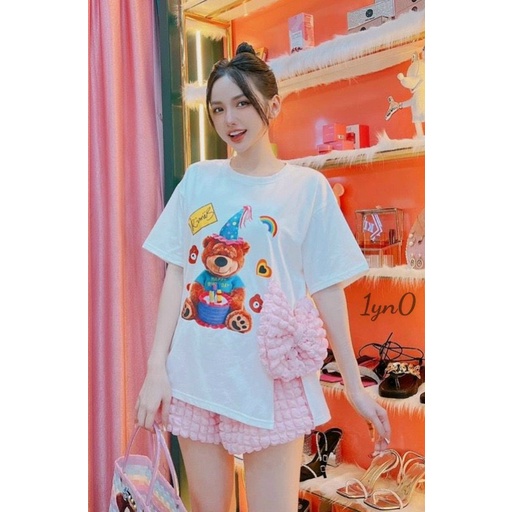 [9.9 Sales Freeship] Set bộ đùi xốp nữ đính nơ dễ thương, set áo thun in gấu xẻ lai quần đùi xốp nổi đi chơi cute