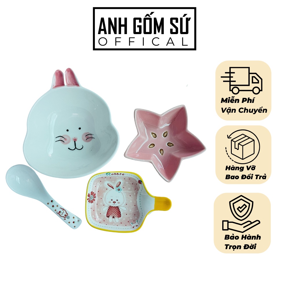 Bộ Bát Sứ Ăn Dặm Cho Bé Kèm Khay, Tặng Kèm Thìa Dụng Cụ Ăn Dặm Màu Sắc Siêu Dễ Thương