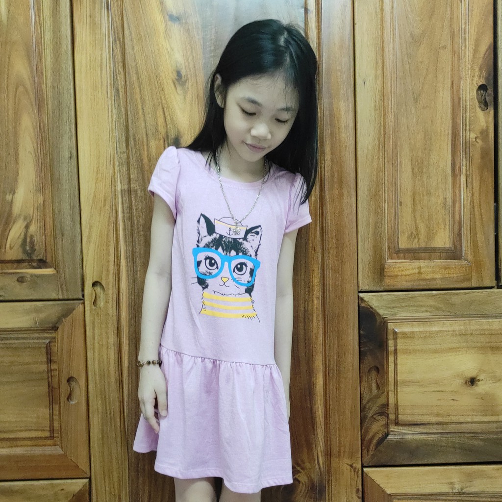 Đầm Thun Chất Thun Cotton Mịn Mát In Hình Mèo Cá Tính Cho Bé Từ 1 Đến 8 Tuổi - Nhiều màu Dexi Shop