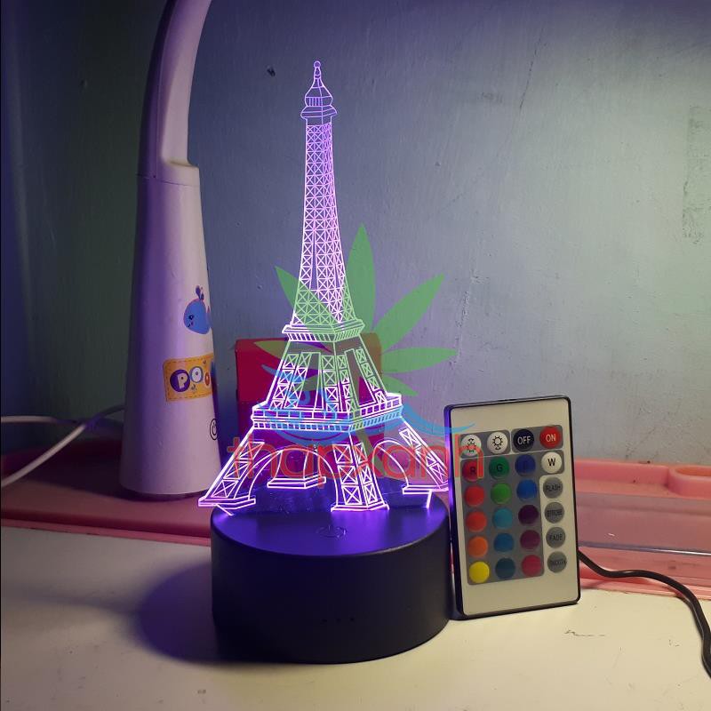 Đèn ngủ, Đèn trang trí Led 3D, Đèn ngủ 16 màu mini có điều khiển Tháp Eiffel