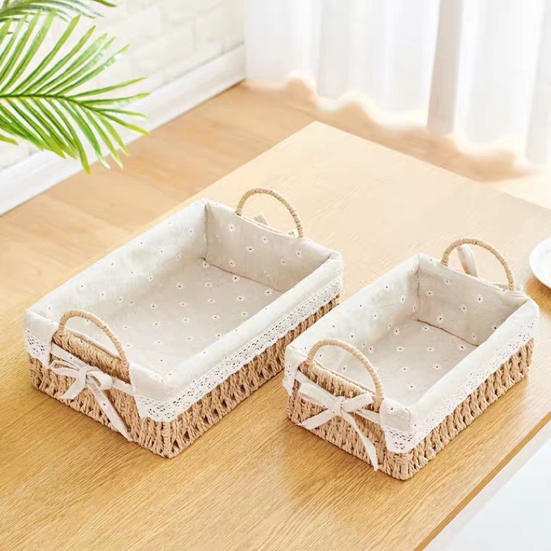 Giỏ cói lót vải chụp ảnh sản phẩm, đựng mỹ phẩm, đồ văn phòng phẩm decor xinh xắn Hình chữ nhật có quai [CÓ GIÁ SỈ]