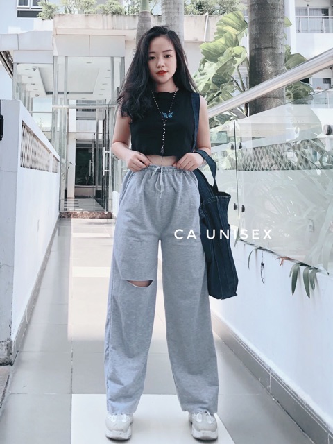 Quần Nỉ Thun Ống Rộng Rách Gối IRU Jem Closet Nam Nữ Unisex ( Hình Thật + 2 màu ) | WebRaoVat - webraovat.net.vn