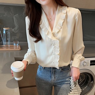 Áo voan tay dài cổ tim phong cách Hàn Quốc thanh lịch dành cho nữ