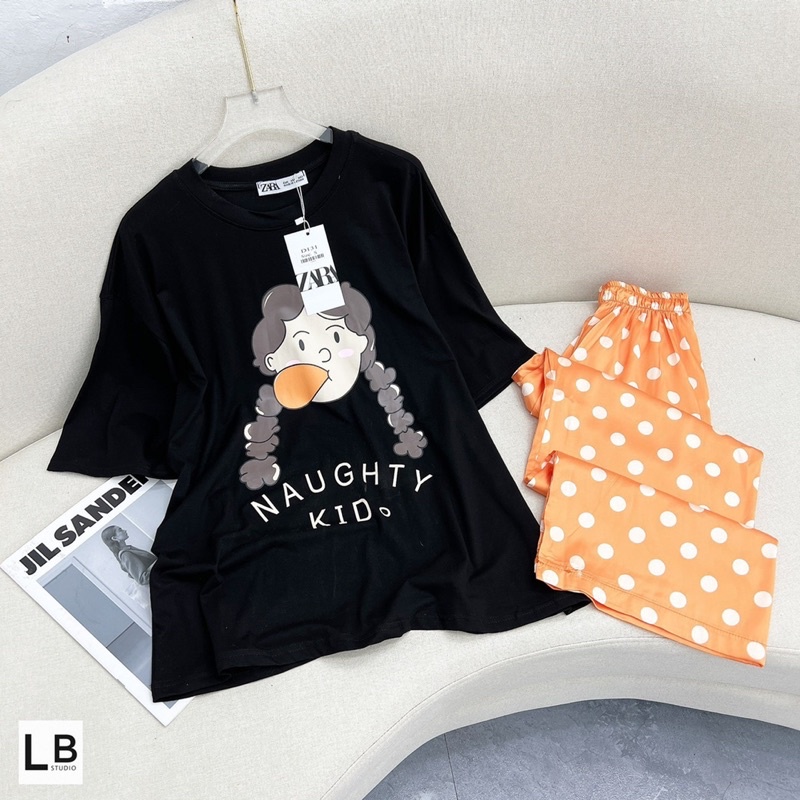 Set áo phông hình + quần suông chấm bi