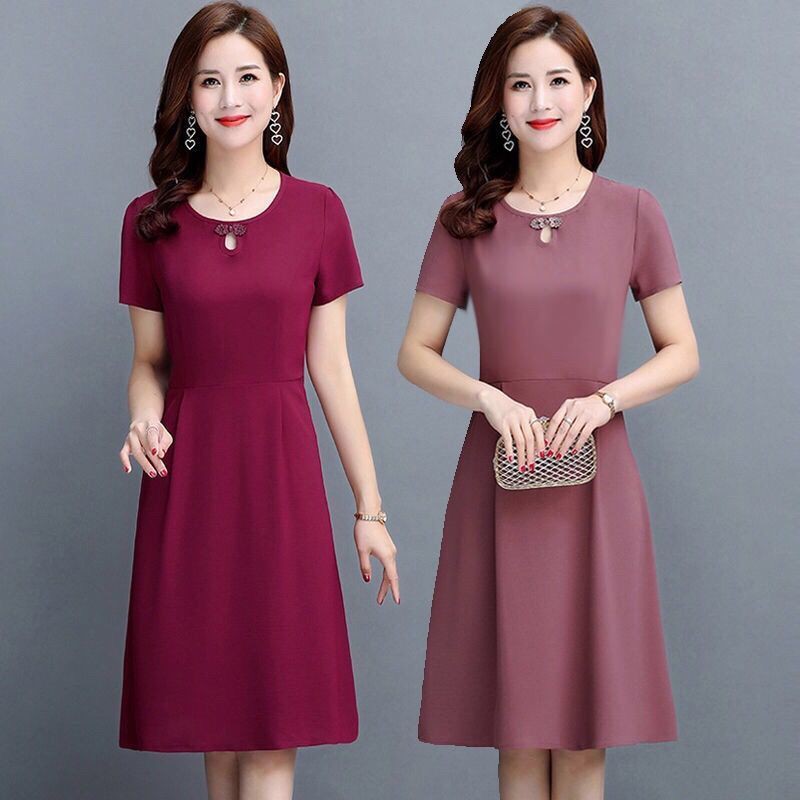 Đầm Dài Ngang Gối Màu Sắc Trơn Thời Trang Mùa Hè Cho Phụ Nữ Trung Niên 40 Tuổi