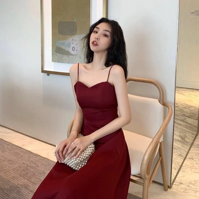 Pháp retro cổ chữ v sling váy đỏ voan phong cách kỳ nghỉ dài eo mỏng tính khí váy nữ mùa hè