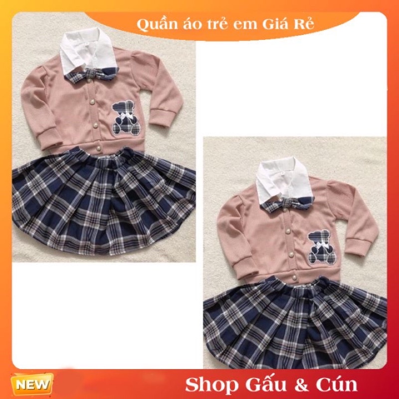 Bộ váy áo sét cho bé gái 3 chi tiết gồm áo cadigan, áo sơmi , chân váy xòe 8-17kg
