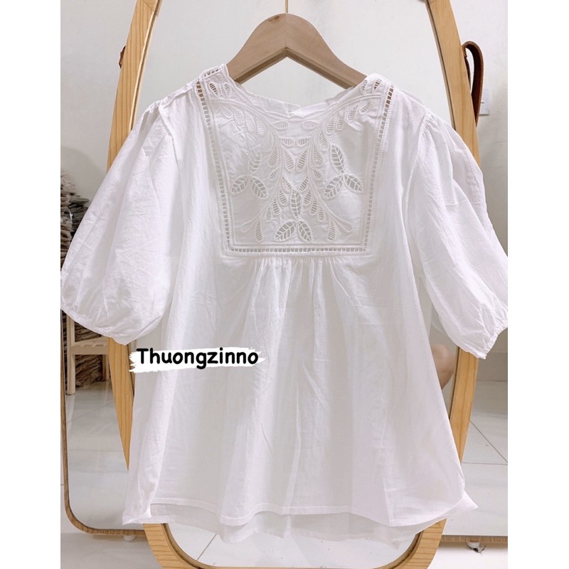 [Ảnh thật/Video] Áo sơ mi trắnh cổ thêu hoa tay bồng nhẹ nhàng kiểu dấng Hàn Quốc