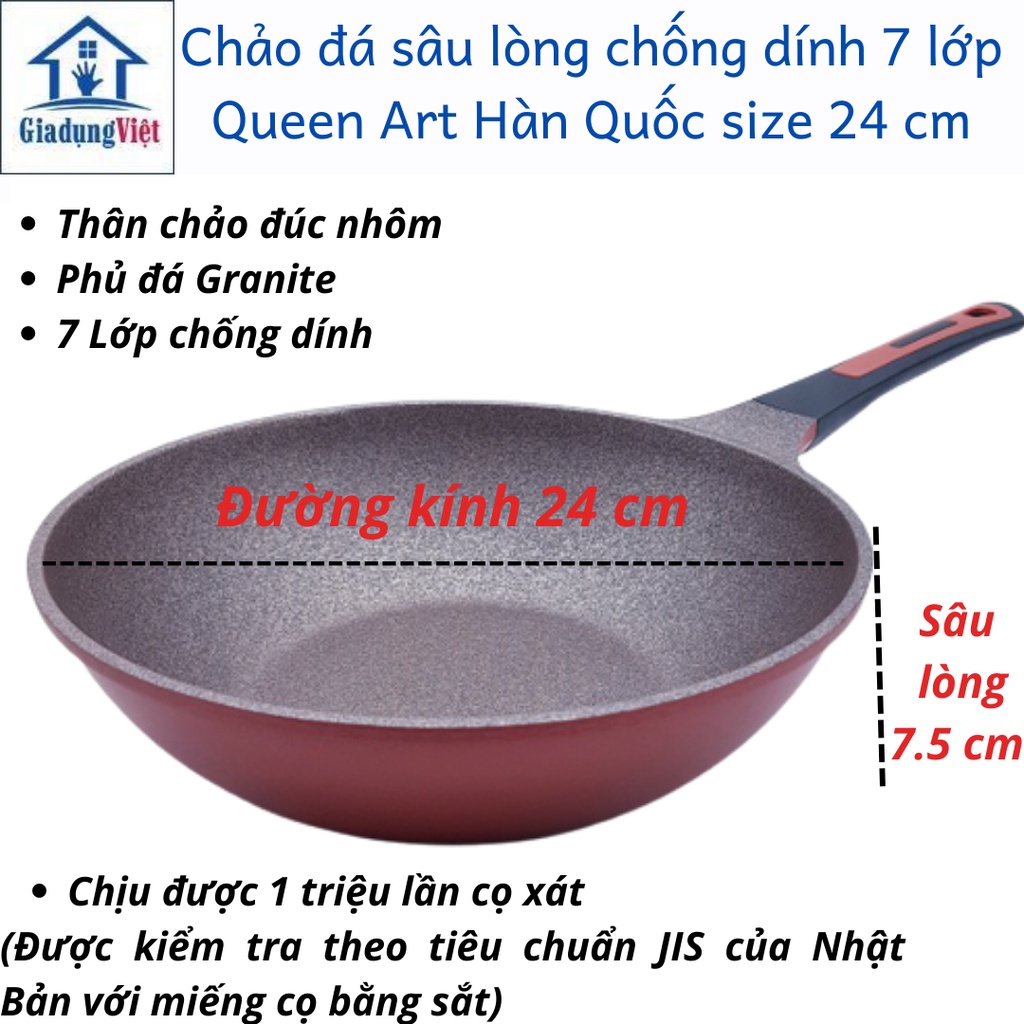 Chảo đá chống dính sâu lòng 7 lớp size 24 cm Queen Art Hàn Quốc