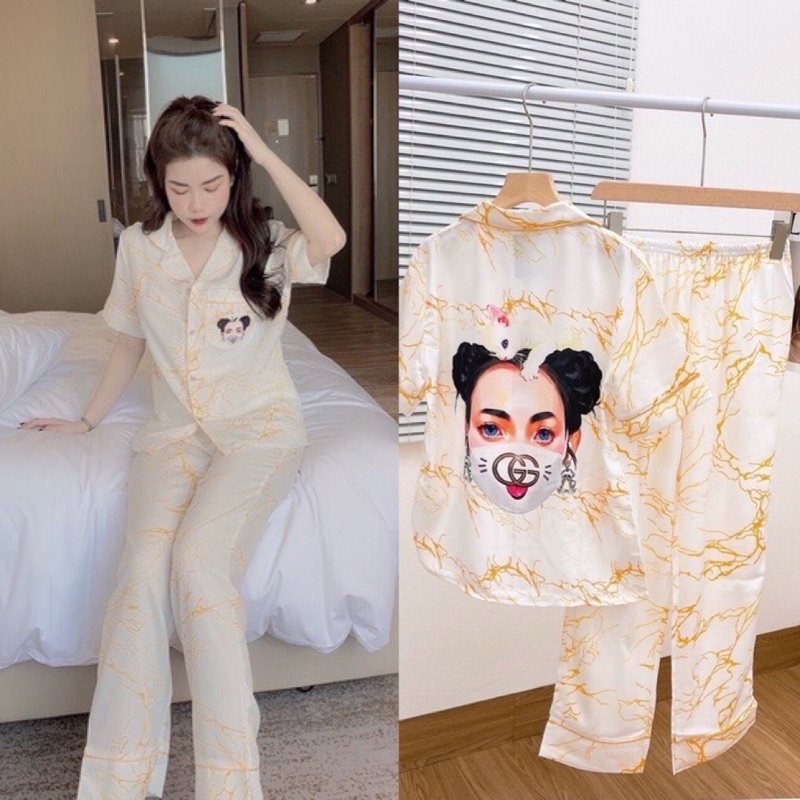 Bộ pijama mặc nhà chin's thiết kế nữ Bộ lụa manggo cộc dài tay dài Chin's