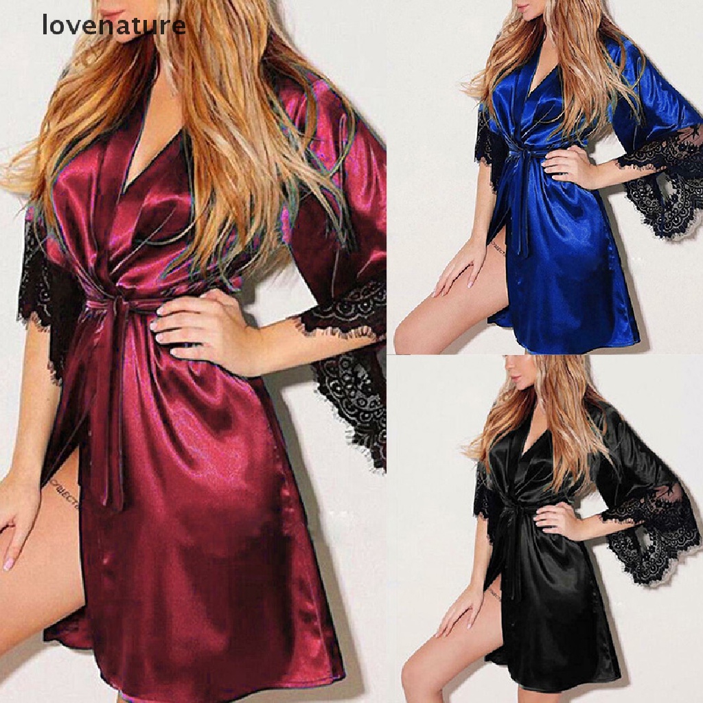 <lovenature> Women Nightwear Lace Satin Silk Nightdress Gown Robe Sleepwear Kimono Robe Dress [HOT SALE]