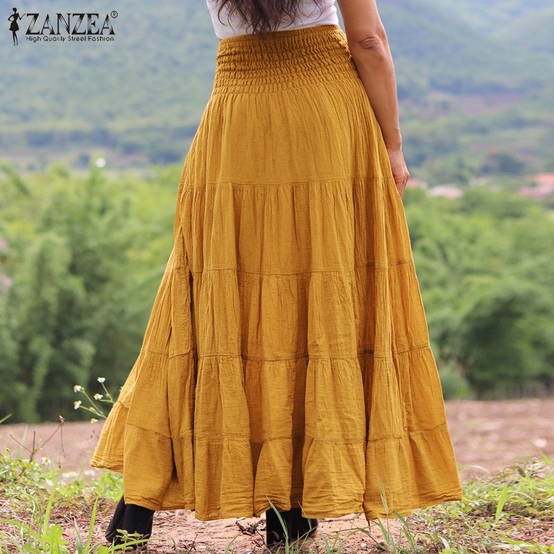 Chân váy maxi ZANZEA tà xòe rộng eo co giãn màu trơn thời trang retro cho nữ