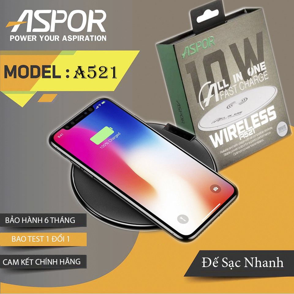 Sạc Không Dây, Đế Sạc Không Dây ASPOR PowerPort QI 10W A251 Chính Hãng Bảo Hành  6 Tháng