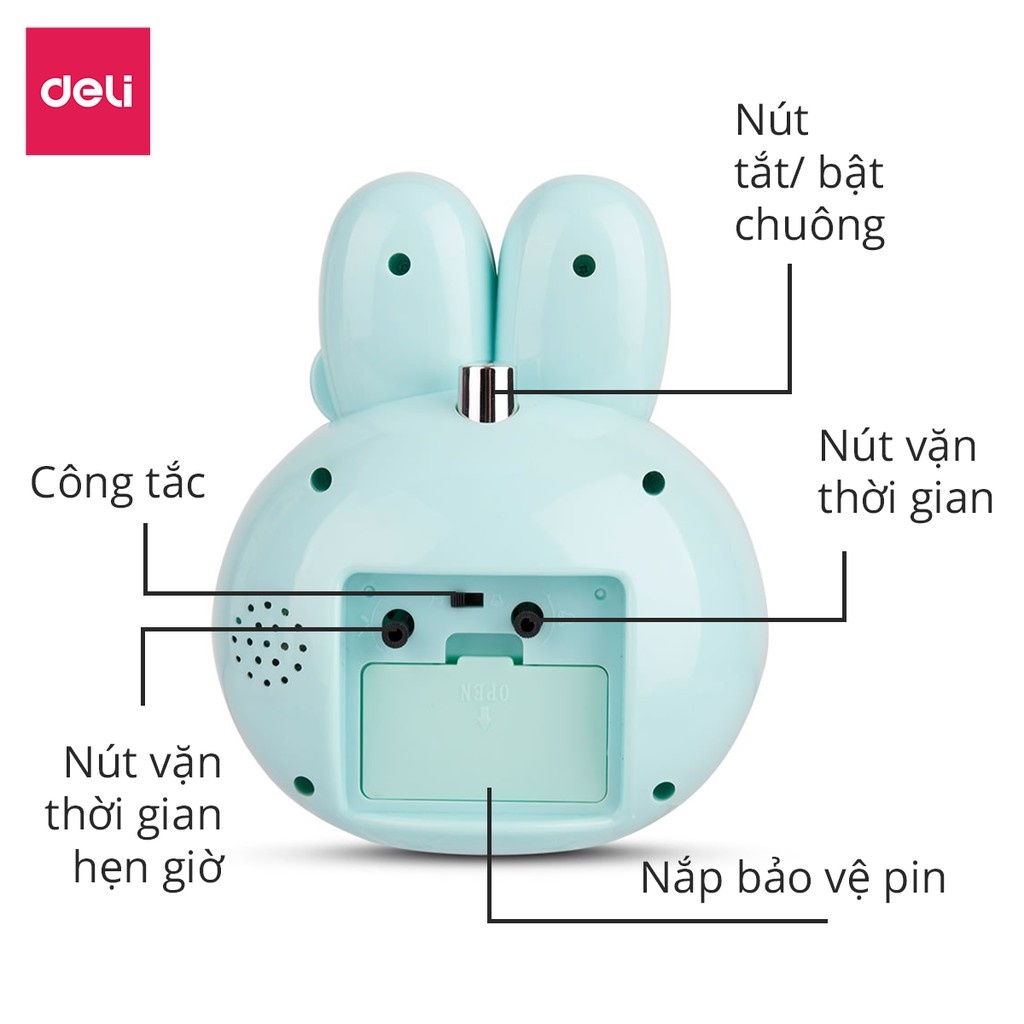 Đồng hồ báo thức thỏ hoạt hình Deli - 3 màu Trắng/ Xanh/ Hồng - 8803