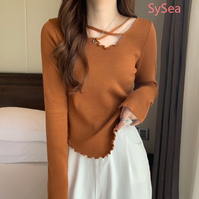 Áo Dệt Kim Thiết Kế Bất Đối Xứng Phong Cách Hàn Quốc Quyến Rũ Cho Nữ