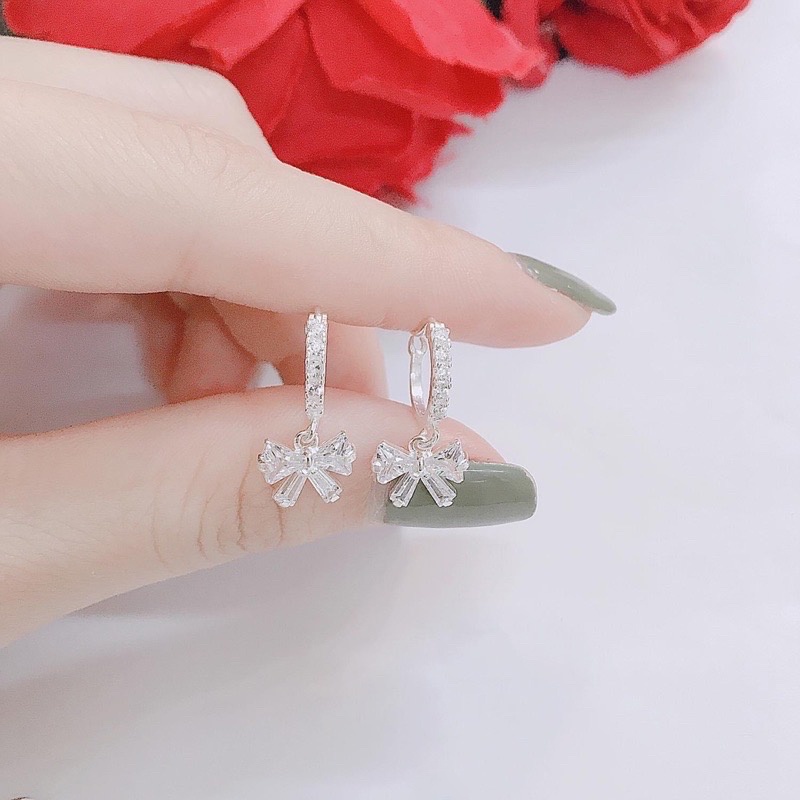Khuyên Tai Bạc Khoen Tròn Móc Máy Thả Hình Nơ- Trang Sức TNC JEWELLERY