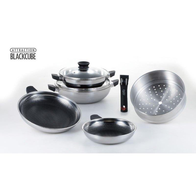 Bộ chảo xửng T&amp;K, Kimscook Blackcube cán rời 4 chảo + 1 xửng + 2 vung, chống dính siêu bền, chịu cào xước, BH 1 năm