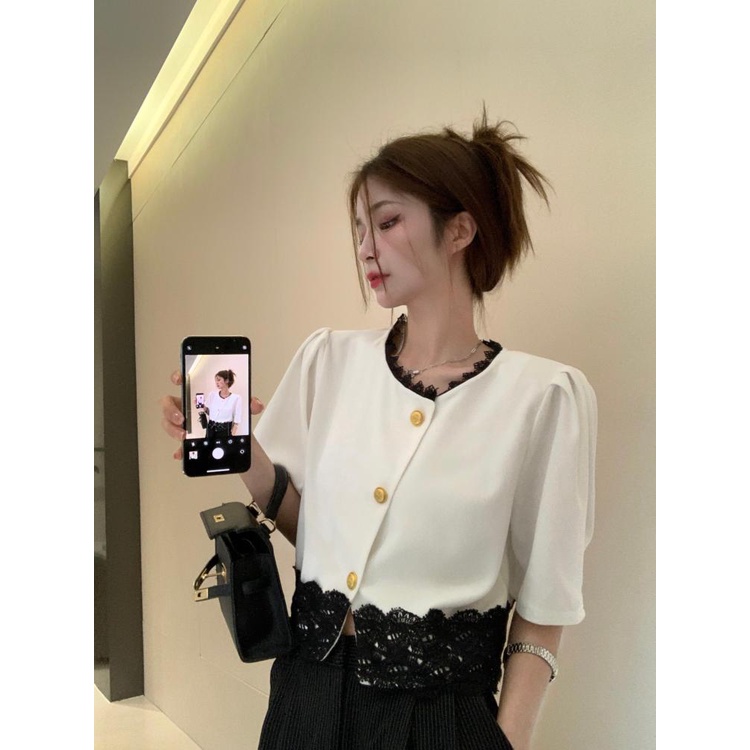 Xiaozhainv Áo Nữ Tay Ngắn Phối Ren Thời Trang Quyến Rũ