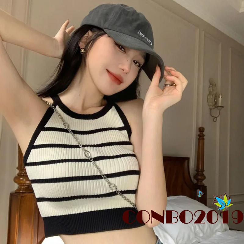 Áo Croptop Dệt Kim Không Tay Cổ Tròn Họa Tiết Kẻ Sọc Vintage Cho Nữ
