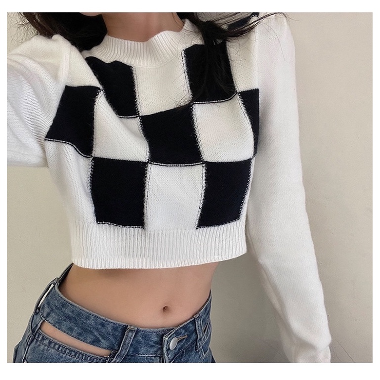 Áo len croptop dệt kim tay dài cổ tròn kẻ sọc caro sang trọng phong cách Hàn Quốc thời trang cho nữ | BigBuy360 - bigbuy360.vn