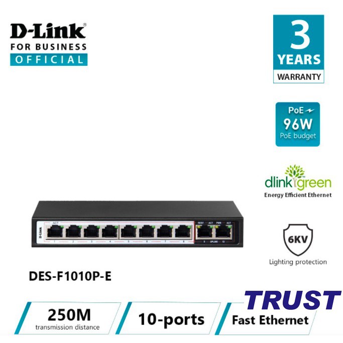 D-LINK DES-F1010P-E - Bộ chia cổng mạng 250M 10 cổng 10/100 (8 cổng PoE + 2 cổng uplink)