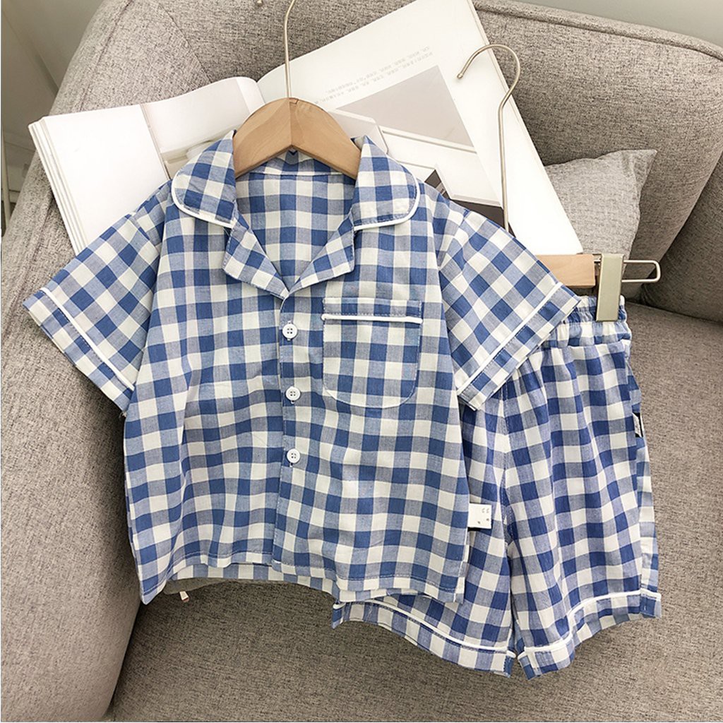 Bộ Pijama Kẻ Caro Cộc Tay Cho Bé SUMO KIDS, Đồ Bộ Bé Trai, Gái Mặc Đều Xinh Chất Thô Đũi Cho Bé Từ 6-27kg