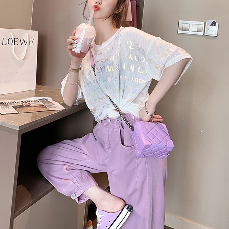 Áo Thun Tay Ngắn Dáng Rộng In Chữ Lấp Lánh Phong Cách Hàn Quốc Thời Trang Mùa Hè Cho Nữ