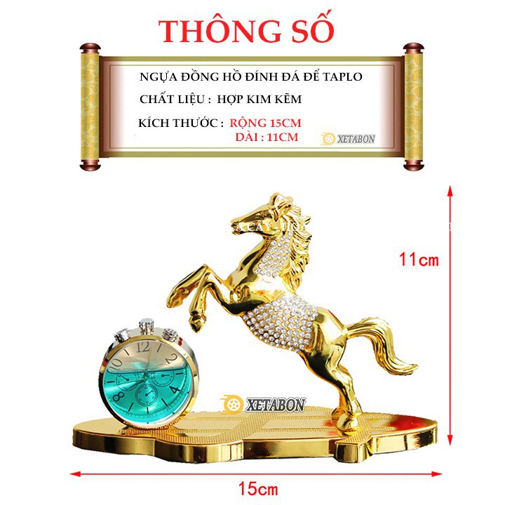 Tượng Ngựa Đồng Hồ Đính Đá Mã Đáo Thành Công Trang Trí Taplo Xe Hơi - Có chỗ đựng nước hoa