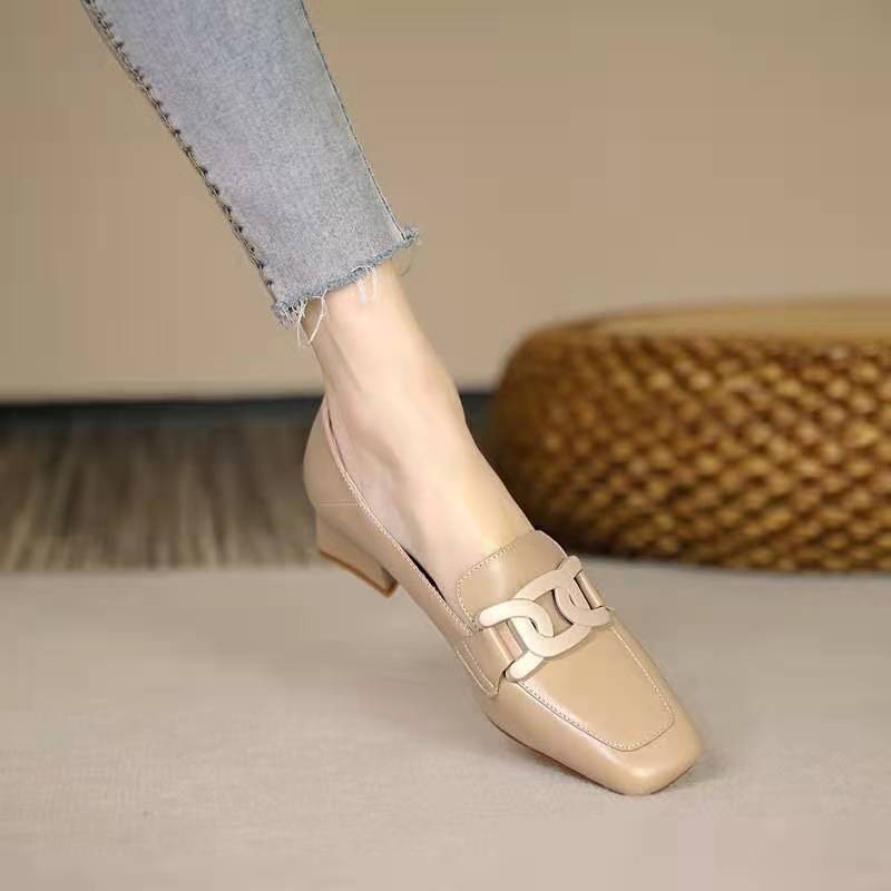 Giày Lười Da Mũi Vuông Đính Khóa Kim Loại Phong Cách Anh Quốc Cho Nữ