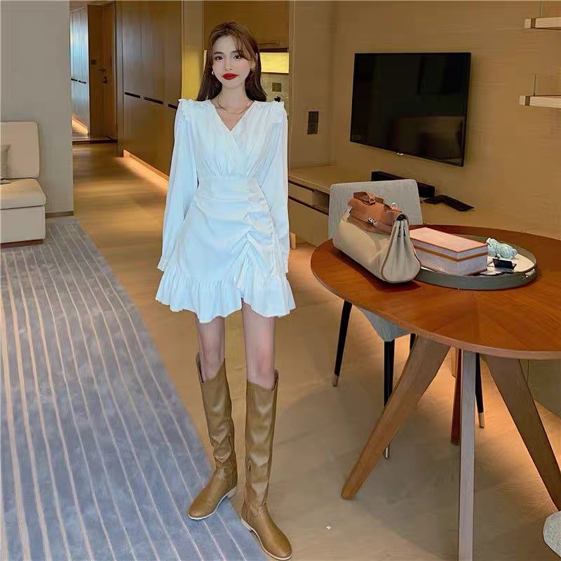 (CLIP THẬT) Đầm dự tiệc tay dài nhún trắng vai bèo Ben | BigBuy360 - bigbuy360.vn