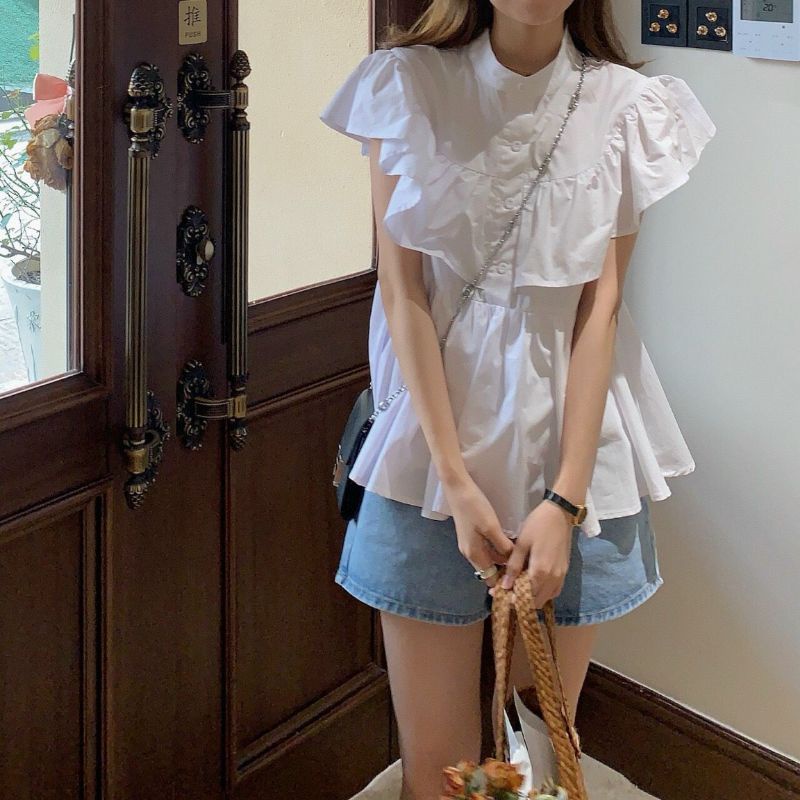 Áo Sơ Bèo Vai Sát Nách Màu Trắng Phong Cách Hàn Quốc