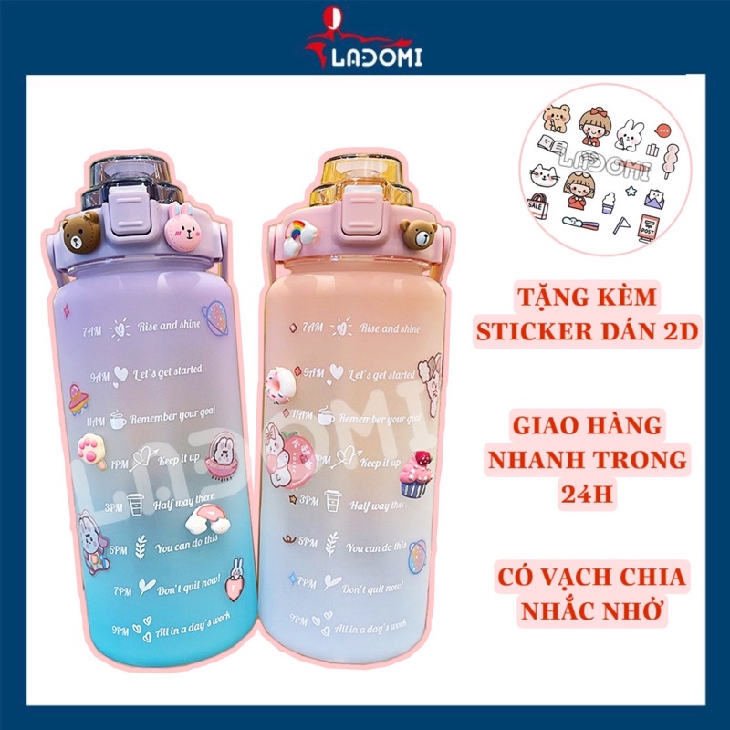 Bình Đựng Nước 2L Có Vạch Báo Giờ Uống Nước Dễ Thương [ TẶNG KÈM STICKER ]