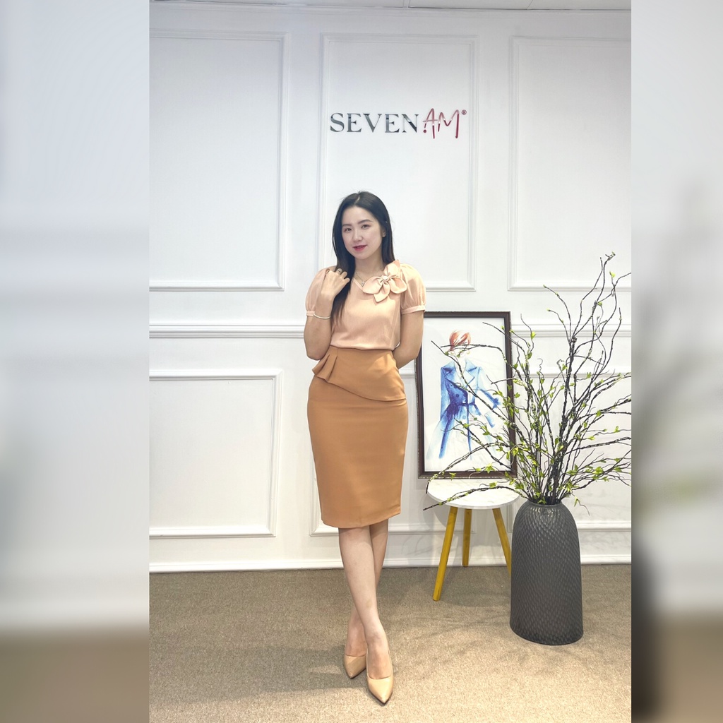 Áo sơ mi chui tay cộc hồng cổ tròn nơ cổ Seven.AM FH103051