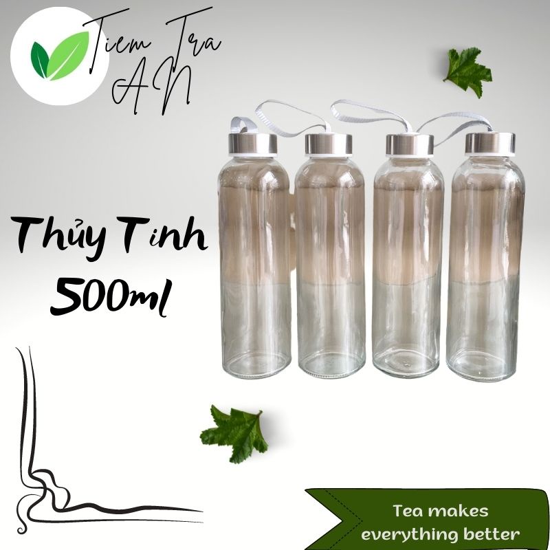 Chai Thủy Tinh 500ml Đựng Trà Hoa, Sữa Hạt, Nước Ép, Trà Sữa,...Nắp Nhôm Có Dây Cầm Tiện Lợi