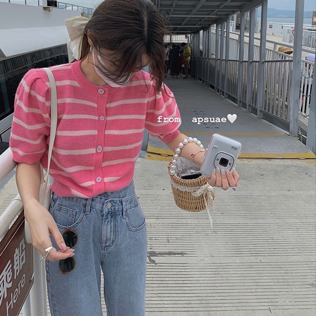 Áo cardigan ZHELIHANGFEI len cổ tròn tay ngắn phồng họa tiết kẻ sọc màu sắc tương phản thời trang