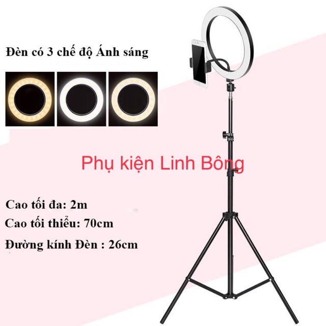 Đèn Led Livestream 26cm, 33cm (Bảo hành 1 tháng), kèm chân đèn dài 2m, có 3 chế độ sáng, hỗ trợ chụp ảnh