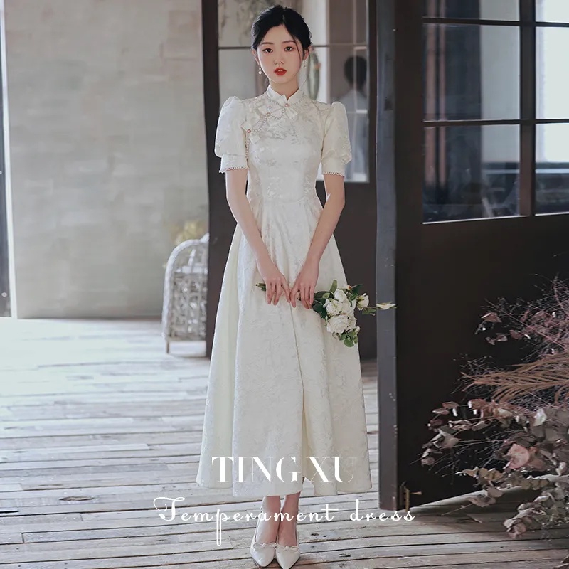 Đầm sườn xám tay ngắn cổ đứng in họa tiết phong cách Trung Hoa cổ điển thời trang cho nữ