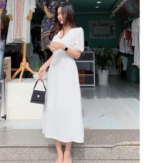 Đầm Dự Tiệc Midi Trắng Cổ V Kèm Dây Cột eo