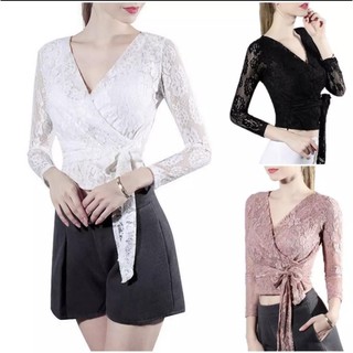 Áo ren eo đính nơ tay lỡ (trắng)