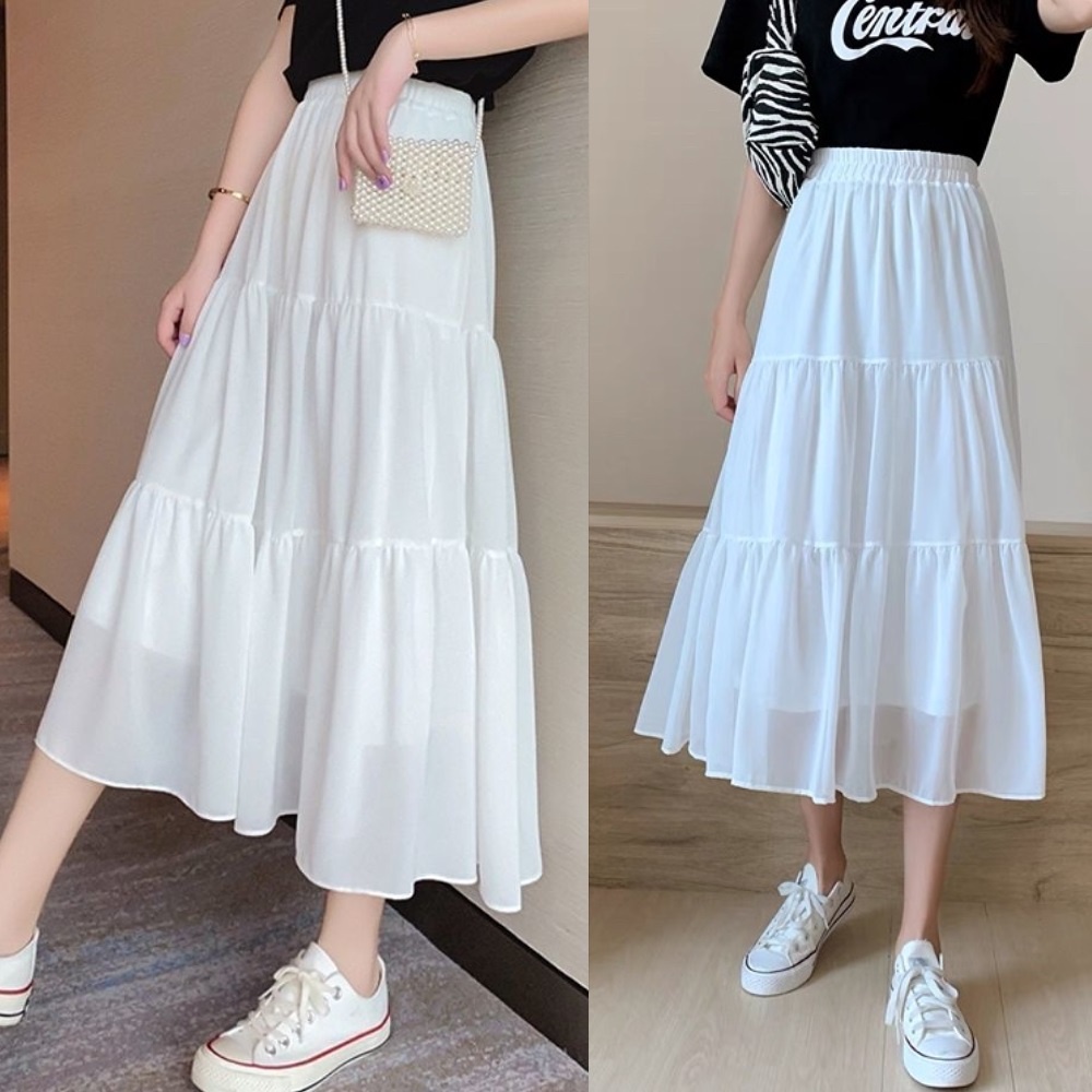 CV004 Chân váy xòe dài qua gối 2 tầng bèo Đầm midi nữ cạp chun đi biển đi chơi nữ tính bánh bèo tiểu thư công chúa