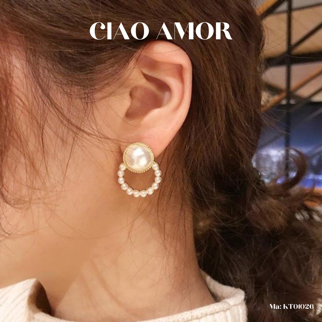Khuyên tai nữ, Bông tai ngọc trắng to vòng dưới Trang sức Ciao Amor - KT0126