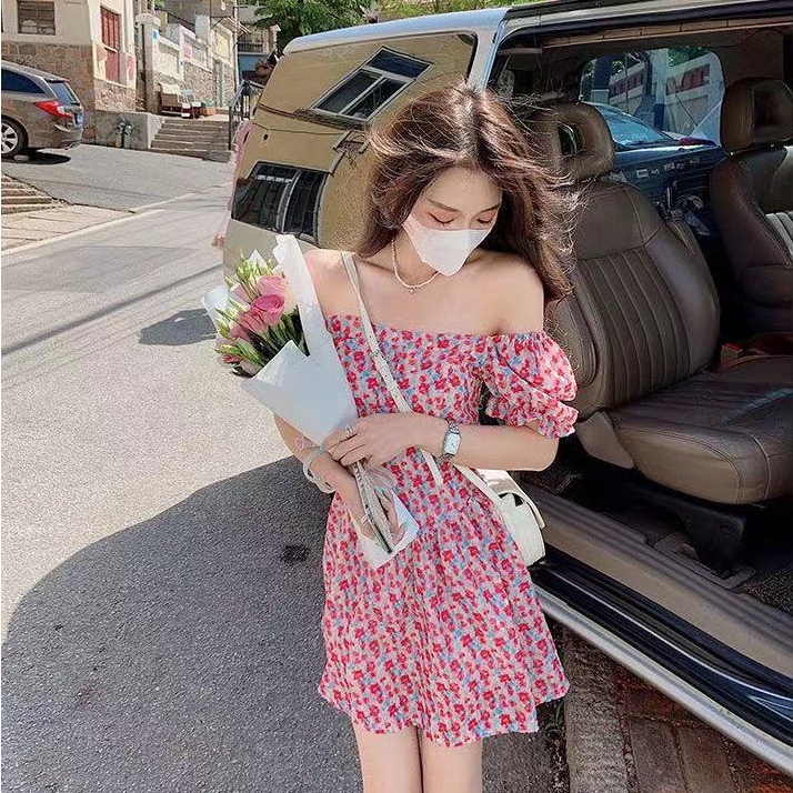 Đầm Tay Phồng Cổ Vuông Họa Tiết Hoa Phong Cách Hàn Quốc Thời Trang Cho Nữ