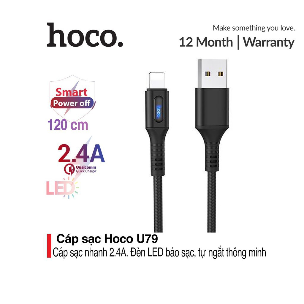 Cáp sạc nhanh và truyền dữ liệu Lightning Hoco U79, hỗ trợ sạc nhanh 2.4A,tự ngắt sạc khi đầy pin, tích hợp đèn báo sạc