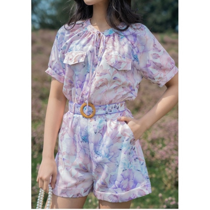 Set bộ Jumpsuit Đũi Thái ngắn họa tiết hoa lá kèm đai lưng- Orchid GH17S417